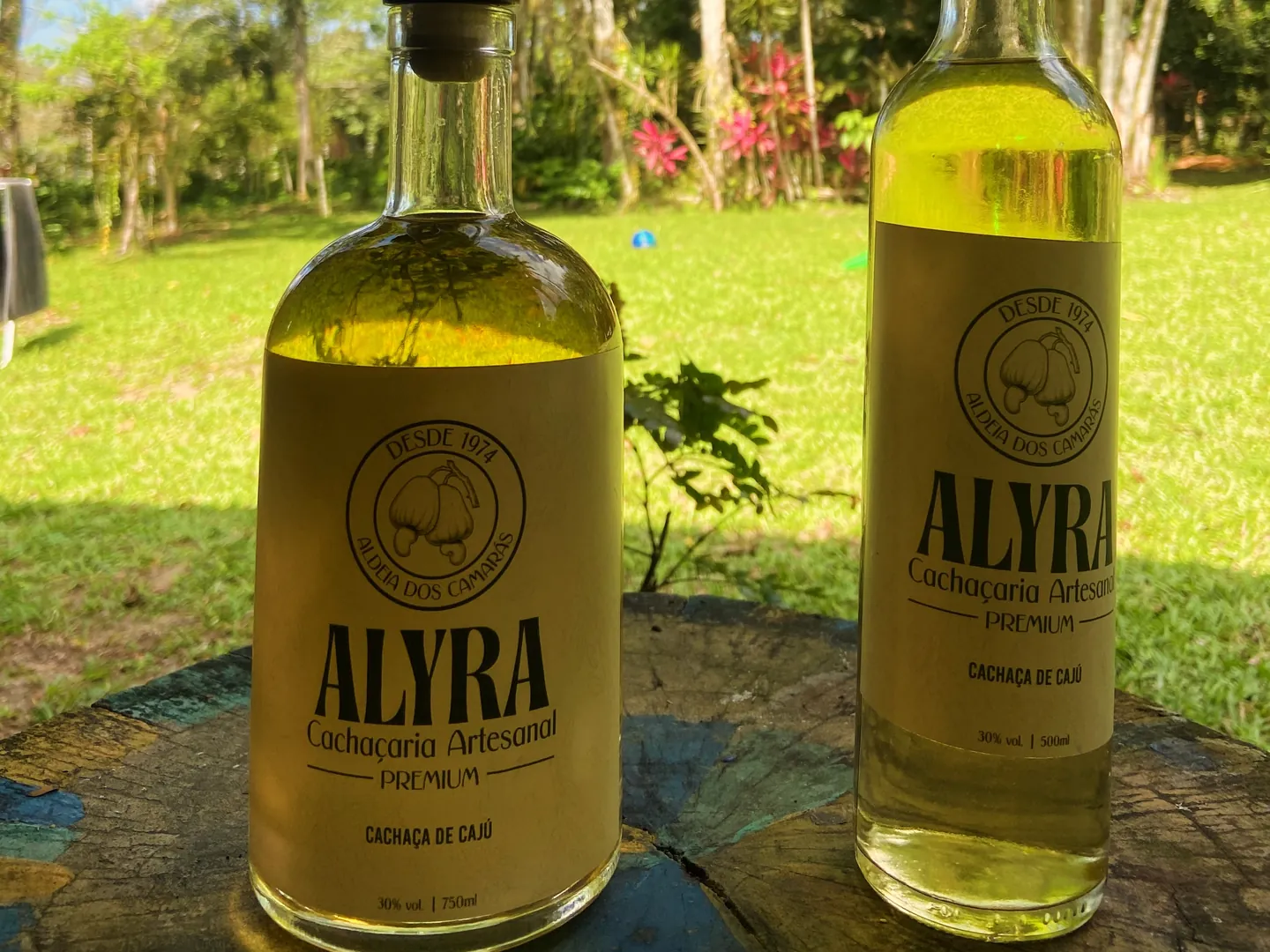 Garrafa redonda de 750 ml e garrafa alta de 500 ml da ALYRA, lado a lado sobre um tronco no jardim