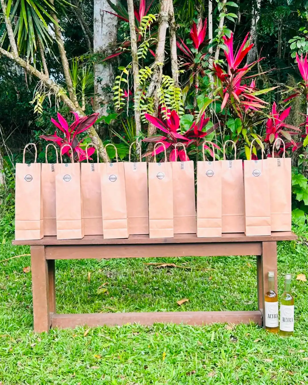 Sacolas de papel kraft da ALYRA enfileiradas num banco de madeira, no jardim